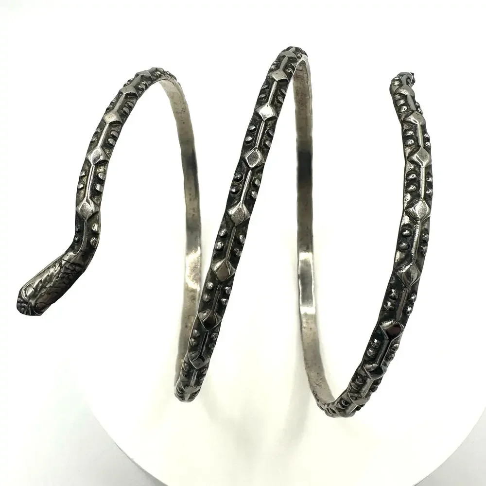 Vintage silver tone snake textured cuff bangle wrap bracelet adjustable 20.5”